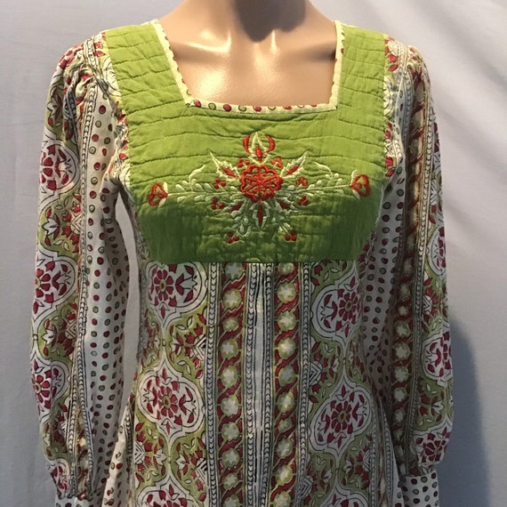 Vintage 1970s Hippie Ethnic Dress Hand Blocked Pr