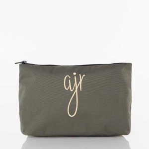 May include: A green canvas zippered pouch with the word "ajr" embroidered in a cream color.