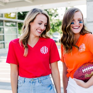 Monogram Short Sleeve V-Neck Tee Shirt| Perfect Game Day T-Shirt, Game Day Colors Available! Sizes XS-3XL Available