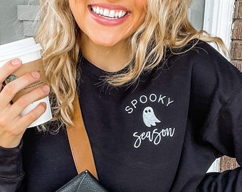 Spooky Season Halloween Ghost Black Embroidered Custom Crewneck Sweatshirt | Bella Sweatshirt | PSL Pumpkin Everything Fall | Cute Halloween