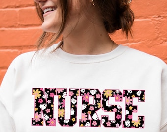 NURSE Gemma Crewneck Sweatshirt with a Groovy Ghost Print | Ghost Sweatshirt | Nurse Halloween | Daisy Ghost | Halloween | DTG | RN Crew