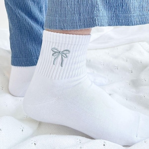 Cute Double Loop Bow Embroidered Crew Socks | Gift for Her | Gift for Bride | Bridesmaid | Bow Embroidery | Custom Gift | Soft Girl |AMSEDLB