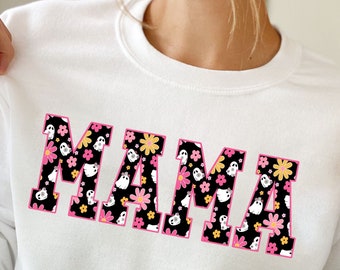 MAMA Gemma Crewneck Sweatshirt with a Groovy Ghost Print | Ghost Sweatshirt | Mama Halloween | Daisy Ghost | Halloween | DTG | Gift for Mom