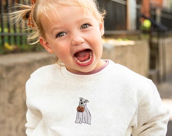 Embroidered Ghost Dog Youth and Toddler Sweatshirt | Fall Crewneck | Cute Halloween Top for Kids | Sweatshirt for Kids | Trick-or-Treat