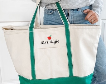 Personalized Teacher Tote Bag | Embroidered Apple, Monogrammed Canvas