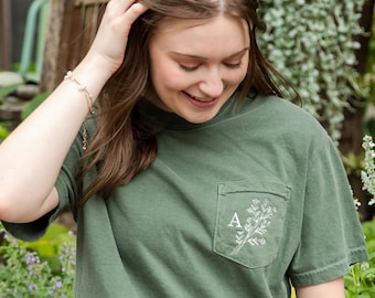 Mini Initial Floral Comfort Color Pocket Tee | Monogrammed Tee | Personalized Comfort Colors Short Sleeve | Custom Embroidered Tee for Her
