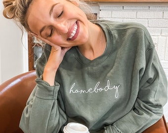 Homebody Lounge  Sweatshirt| Homebody Script Sweatshirt  Embroidered Crew Neck Sweatshirt | Stitched Sweatshirt Lounge