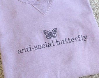 Anti-Social Butterfly Embroidered Crewneck Sweatshirt | Introvert Gift