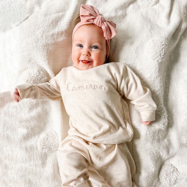 Custom Leighton Jogger Set for Babies with Stitch Script | 2 Piece Lightweight Set | Neutral Baby Gift | Long Sleeve | Name on Chest