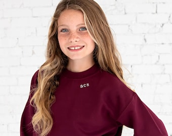 Youth Mini Neckline Monogram Sweatshirt | Monogrammed Girl's Sweatshirt | Boy's Personalized Crewneck