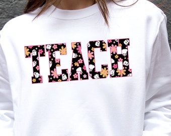 TEACH Gemma Crewneck Sweatshirt with a Groovy Ghost Print | Ghost Sweatshirt | Teacher Halloween | Daisy Ghost | DTG | Gift for Teacher