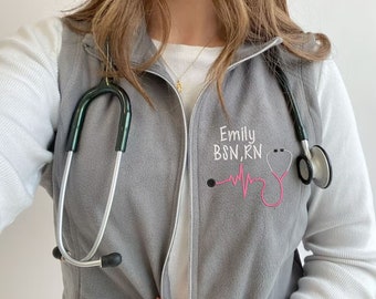 Personalized Embroidered Nurse Stethoscope Heartbeat Fleece Vest | Ladies Nurse Vest | Gift for Nurses | Medical Professional | L226ENV1