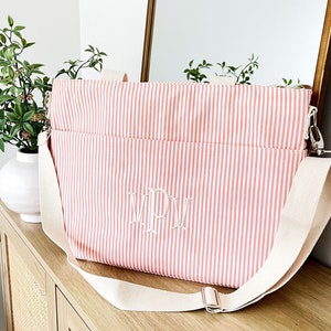 cute rose tan striped insulated cooler with monogrammed initials