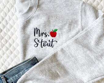 Personalized Teacher Crewneck Sweatshirt | Teacher Name and Apple Zip Popover | Gift for Teacher | End of Year Teacher Gift | New Teacher