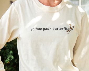 Follow Your Butterflies Long Sleeved Comfort Colors Tee | DTG | Long Sleeved Fall Pumpkin Tee | Minimal Pumpkin Long Sleeved Top
