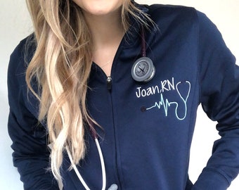 Monogrammed Nurse Full Zippered Jacket Sweatshirt | Personalized Nurse Polyester Jacket | Personalized Ladies Nurse/Doctor Heart Stethoscope