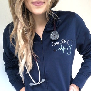 Monogrammed Nurse Full Zippered Jacket Sweatshirt | Personalized Nurse Polyester Jacket | Personalized Ladies Nurse/Doctor Heart Stethoscope