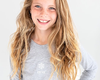 Embroidered Youth Snowflake Long Sleeved Top | Personalized Youth Holiday Tee | Bella and Canvas Long Sleeved Top