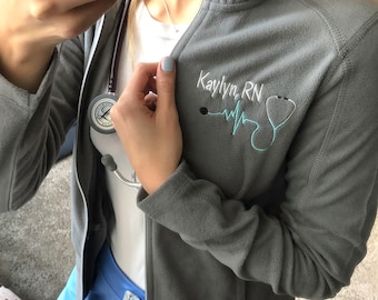 Monogrammed Nurse Full Zippered Fleece | Personalized Nurse Fleece Jacket | Personalized Ladies Nurse/Doctor Heart Stethoscope | Heartbeat