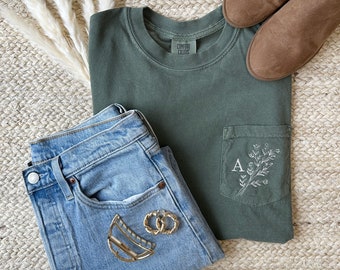 Mini Initial Floral Comfort Color Pocket Tee | Monogrammed Tee | Personalized Comfort Colors Short Sleeve | Custom Embroidered Tee for Her