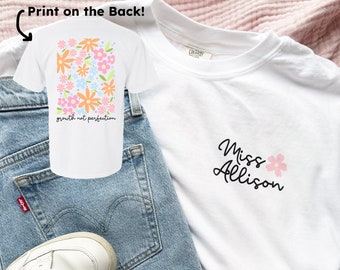 Personalized Teacher Comfort Colors T-Shirt with Colorful Floral Printed Back Design | Counselor Shirt | Teacher Gift | DTG | Teacher Top