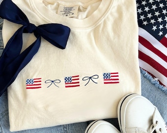 American Flag and Dainty Bow Embroidered Comfort Colors T-Shirt | America T-Shirt | 4th of July Tee | Coquette | Patriotic Tee | CC17EFJFB