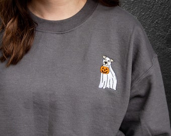 Embroidered Ghost Dog Gemma Crewneck Sweatshirt  | Custom Fall Sweatshirt | Gift for Her | Embroidered Sweatshirt | Halloween Sweatshirt