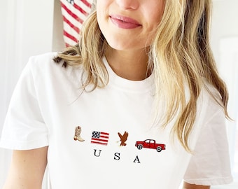 USA Embroidered Icons Comfort Colors T-Shirt | America T-Shirt | 4th of July Tee | Country, Western, Cowboy Shirt | Patriotic Tee | CC17EFJ1