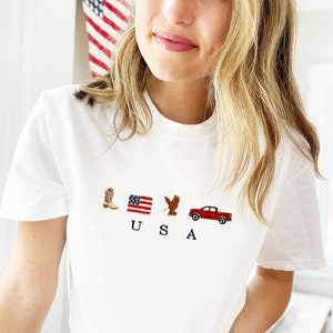 USA Embroidered Icons Comfort Colors T-Shirt | America T-Shirt | 4th of July Tee | Country, Western, Cowboy Shirt | Patriotic Tee | CC17EFJ1