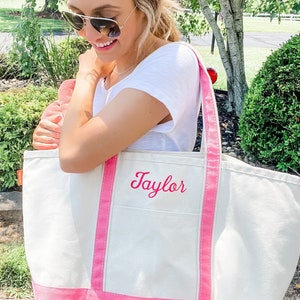 Medium Canvas Monogrammed Boat Tote Bag w Zipper - The White Invite