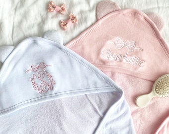 Cute Personalized Bow Monogram or Name Hooded Baby Towel | Baby Towel With Ears | Monogram | Full Name |  Cute Bow | Towel For Toddler