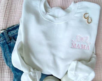 Cute, Dainty Outline Bow MAMA Gemma Crewneck Sweatshirt | Mothers Day Gift | Birthday Gift for Mom | New Mom | Embroidered Mama Sweatshirt