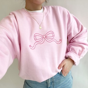 Cute Outline Bow Embroidered Gemma Sweatshirt | Dainty Bow Sweatshirt | Embroidered Ribbon Sweatshirt | Trendy Bow | Gift for Her