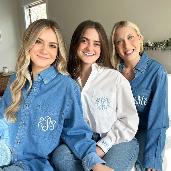 Personalized Bridesmaid and Bride Denim Button Up Shirt | Lightweight Shacket Personalized |Bridesmaid Getting Ready Top | Bridal Party Gift