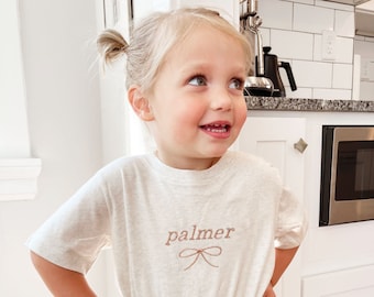 Cute Custom Bow Charlie Tee for Kids | Coquette Ribbon T-Shirt | Preppy Bow Tee | Embroidered Personalized Name Toddler Shirt | RS21EB2