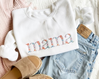 Frühlings-Blumenmama bestickte Gemma Rundhals-Sweatshirt | Muttertagsgeschenk | Mama Rundhals | Neue Mom Geschenk | Geschenk für Mama