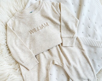 Custom Leighton Jogger Set for Babies with Minimalist Embroidery | 2 Piece Lightweight Set | Neutral Baby Gift | Long Sleeve | Name on Chest