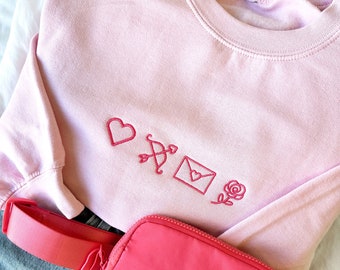Embroidered Cute Valentine's Icons Gemma Crewneck Sweatshirt | Valentine's Sweatshirt | Valentine's Gift | Gift for Her | Galantine's Day