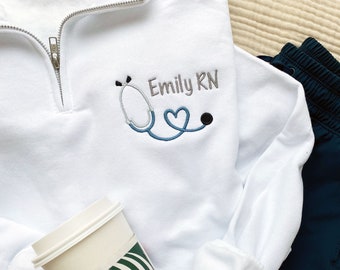 Custom Mini Heart Stethoscope Nurse Quarter Zip Sweatshirt | Personalized Nurse Gift | RN Quarter Zip | Custom LPN Pullover | ER Nurse Top