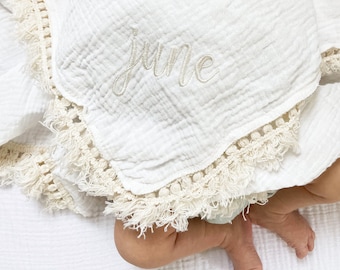 Embroidered Newborn Muslin Blanket with Decorative Trim - Perfect Gift for Baby and Parent | Beautiful Personalized Nursery Decor