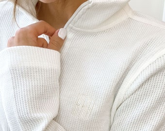 Waffle Knit Quarter Zip Pullover | Embroidered Waffle Knit Pullover Quarter Zip