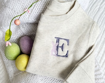 Toddler Initial and Bunny Embroidered Crewneck Sweatshirt | Embroidered Toddler Top | Cute Easter Sweatshirt | Kids Easter Top