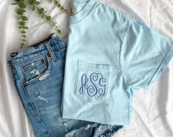 Embroidered Monogram Comfort Colors Pocket Tee | Personalized Gift