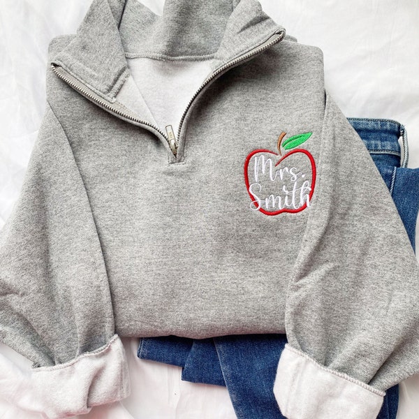 Personalized Apple Outline Teacher Jessie Quarter Zip | Personalized Teacher Gifts | End of Year Gift | Teacher Appreciation Gifts