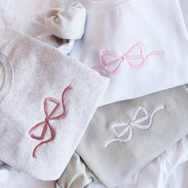 Cute Bow Embroidered Gemma Sweatshirt |  Dainty Bow Sweatshirt | Embroidered Bow Ribbon Trendy Sweatshirt | Embroidered Bow | Gift for Her