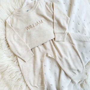 Custom Leighton Jogger Set for Babies with Minimalist Embroidery 2 Piece Lightweight Set Neutral Baby Gift Long Sleeve Name on Chest image 1