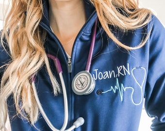 Monogrammed Nurse Full Zippered Jacket Sweatshirt | Personalized Nurse Polyester Jacket | Personalized Ladies Nurse/Doctor Heart Stethoscope