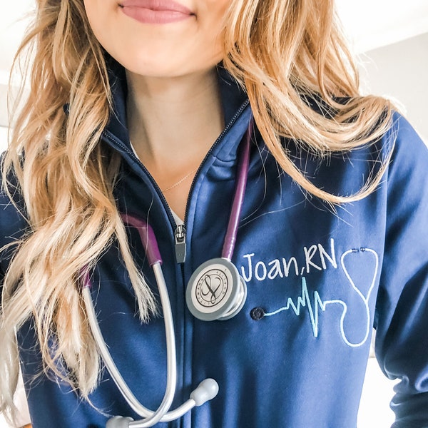 Monogrammed Nurse Full Zippered Jacket Sweatshirt | Personalized Nurse Polyester Jacket | Personalized Ladies Nurse/Doctor Heart Stethoscope
