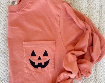 Embroidered Jack-O-Lantern Halloween Shirt | Comfort Colors Unisex Sweatshirt | Long Sleeve Pumpkin Pocket Tee | Spooky Season |Halloween