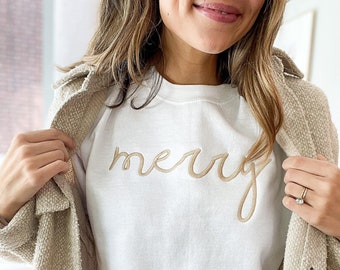 Embroidered Merry Crew Neck Sweatshirt | Christmas Embroidered Sweatshirt